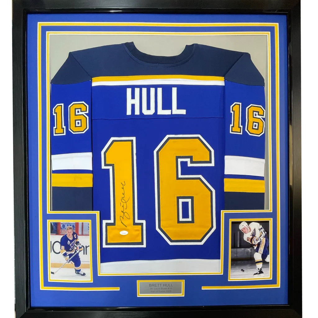 Framed autographed Brett Hull St. Louis Blues jersey with Hull 16