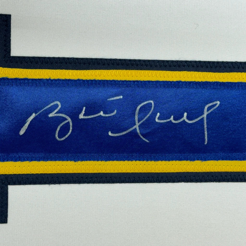 Autographed blue fabric strip from Brett Hull Signed Blues Jersey ready to display