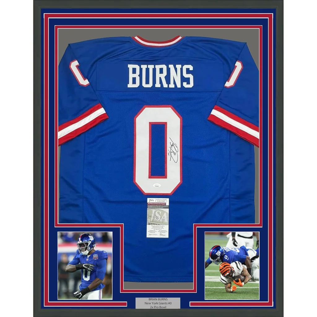Framed signed Brian Burns New York Giants blue retro jersey back, JSA COA