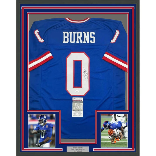 Framed signed Brian Burns New York Giants blue retro jersey back, JSA COA