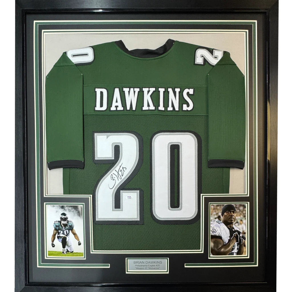 Framed Autographed Brian Dawkins 35x39 Philadelphia Green Football Jersey JSA COA | Hall of Fame Sports Memorabilia | vintageantiquesgifts.com