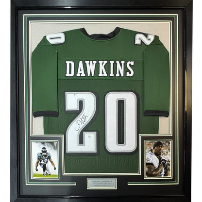 Framed Autographed Brian Dawkins 35x39 Philadelphia Green Football Jersey JSA COA | Hall of Fame Sports Memorabilia | vintageantiquesgifts.com