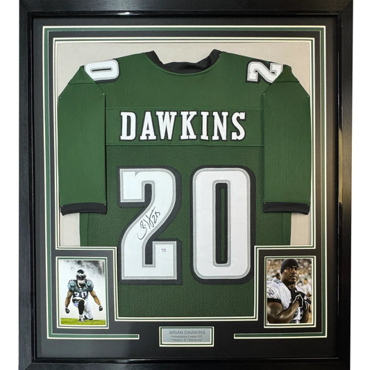 Framed Autographed Brian Dawkins 35x39 Philadelphia Green Football Jersey JSA COA | Hall of Fame Sports Memorabilia | vintageantiquesgifts.com