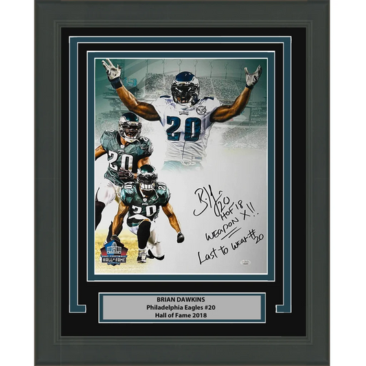 Framed Brian Dawkins Eagles Hall of Fame autographed memorabilia with autograph display
