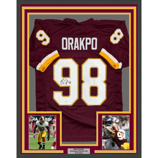 Framed Autographed Brian Orakpo 35x39 Washington Burgundy Football Jersey JSA COA | Hall of Fame Sports Memorabilia | vintageantiquesgifts.com