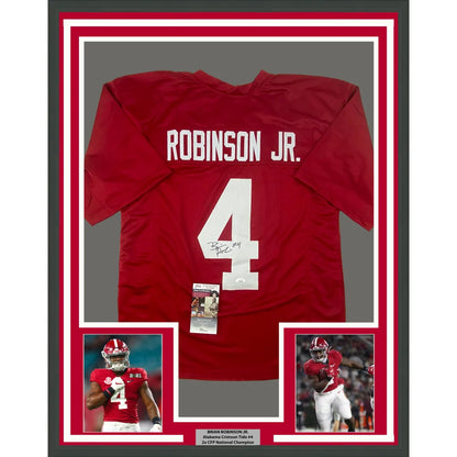 Framed autographed alabama crimson tide red football jersey with white number 4 and name robinson jr displayed back side