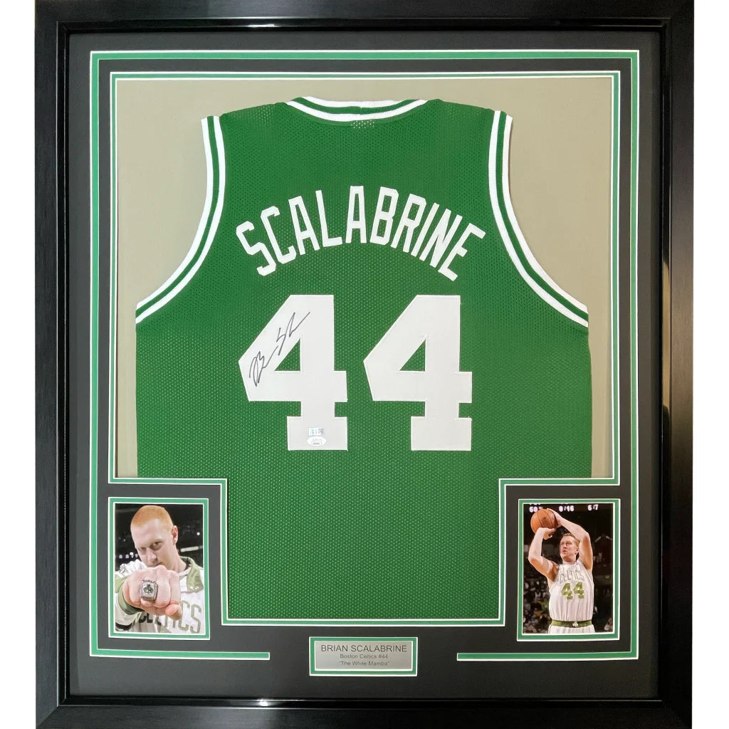 Framed signed Brian Scalabrine Celtics jersey with two player cards for fans and collectors