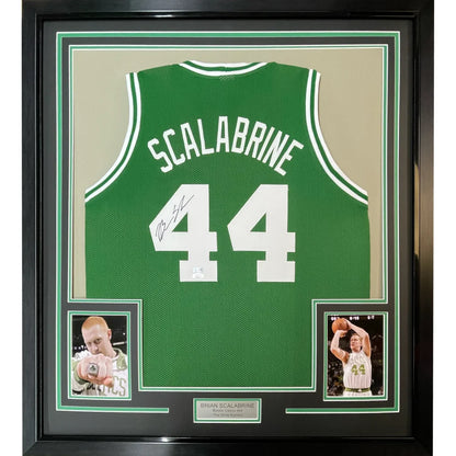 Framed signed Brian Scalabrine Celtics jersey with two player cards for fans and collectors