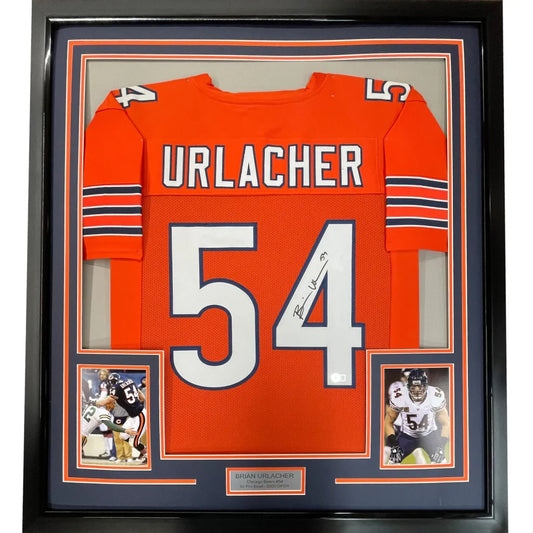 Framed autographed Brian Urlacher orange Chicago Bears jersey back, #54, Beckett COA