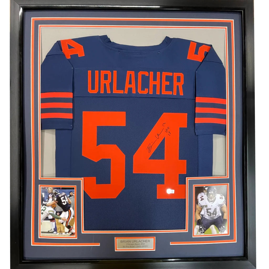 Framed autographed Brian Urlacher Chicago Bears navy blue jersey #54