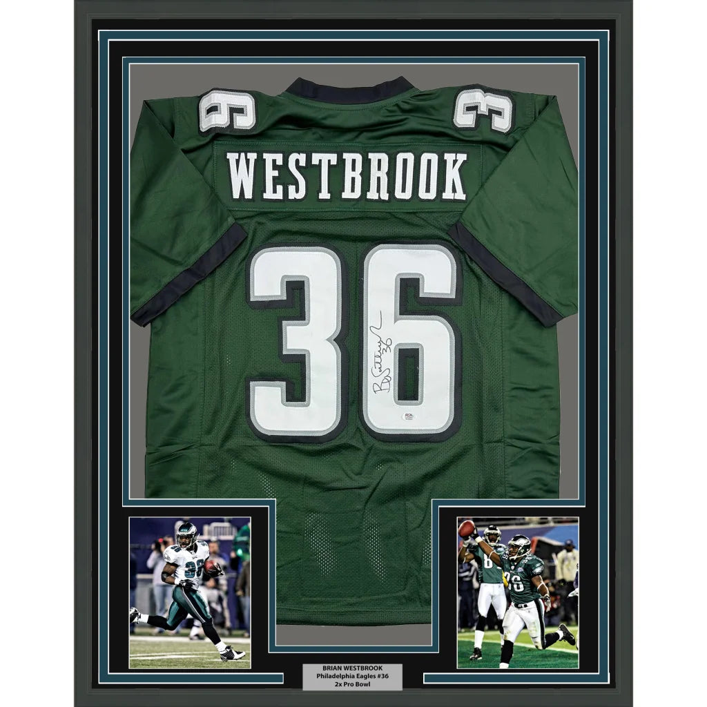 Framed Philadelphia Eagles Brian Westbrook jersey with action photos and nameplate