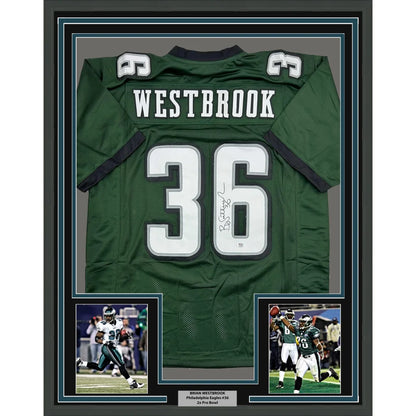 Framed Philadelphia Eagles Brian Westbrook jersey with action photos and nameplate