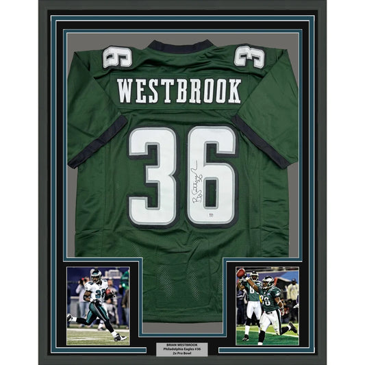 Framed Philadelphia Eagles Brian Westbrook jersey with action photos and nameplate