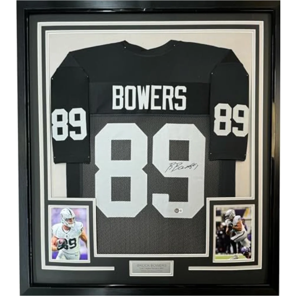 Framed Autographed Brock Bowers 35x39 Las Vegas Oakland Black Football Jersey Beckett BAS COA | Hall of Fame Sports Memorabilia | vintageantiquesgifts.com