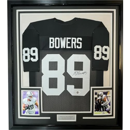 Framed Autographed Brock Bowers 35x39 Las Vegas Oakland Black Football Jersey Beckett BAS COA | Hall of Fame Sports Memorabilia | vintageantiquesgifts.com