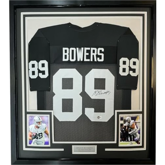 Framed Autographed Brock Bowers 35x39 Las Vegas Oakland Black Football Jersey Beckett BAS COA | Hall of Fame Sports Memorabilia | vintageantiquesgifts.com