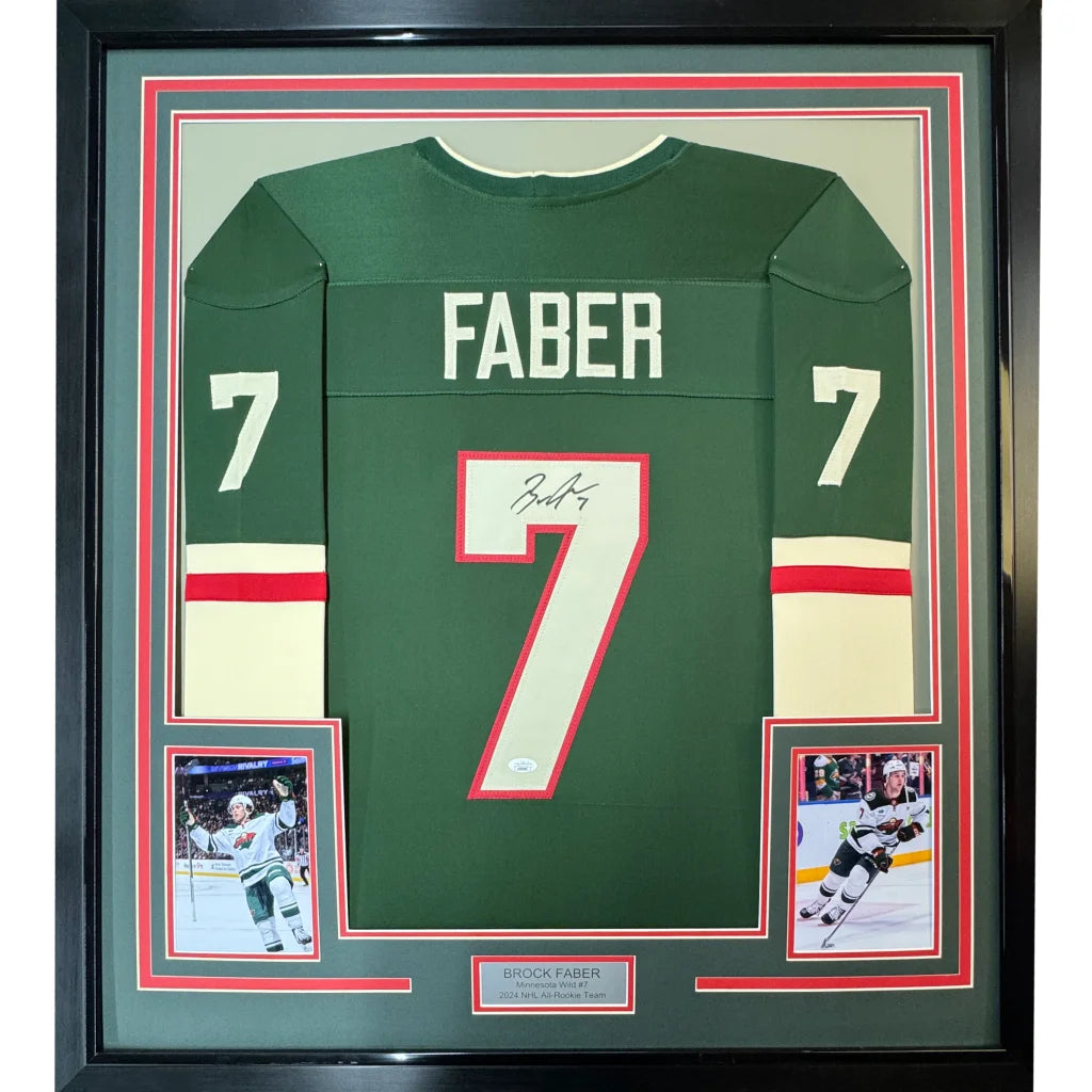 Framed autographed Brock Faber Minnesota Wild green jersey with Faber 7 on back