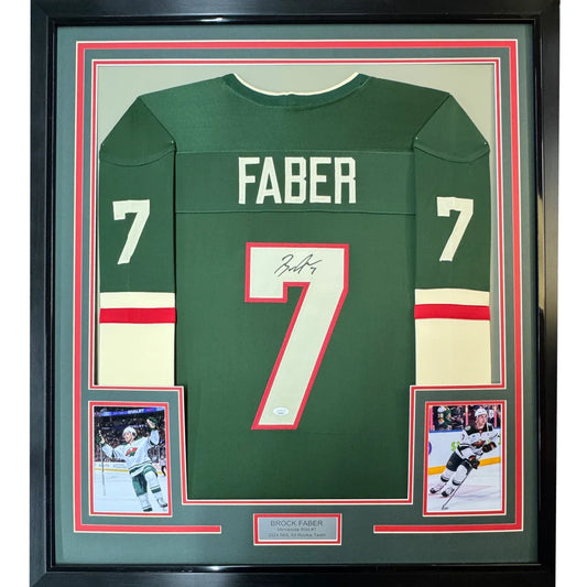 Framed autographed Brock Faber Minnesota Wild green jersey with Faber 7 on back