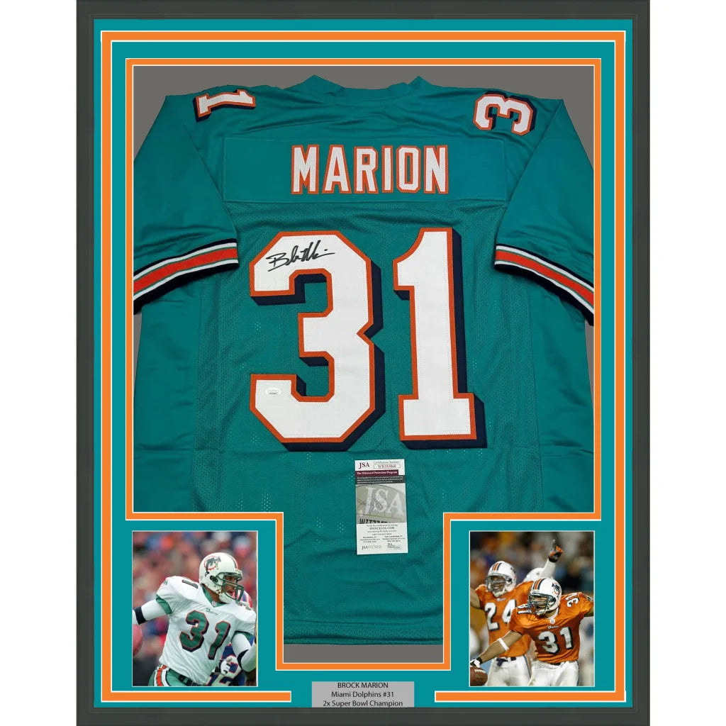Miami teal framed Brock Marion jersey with autographs, player photos, JSA cert for your man cave