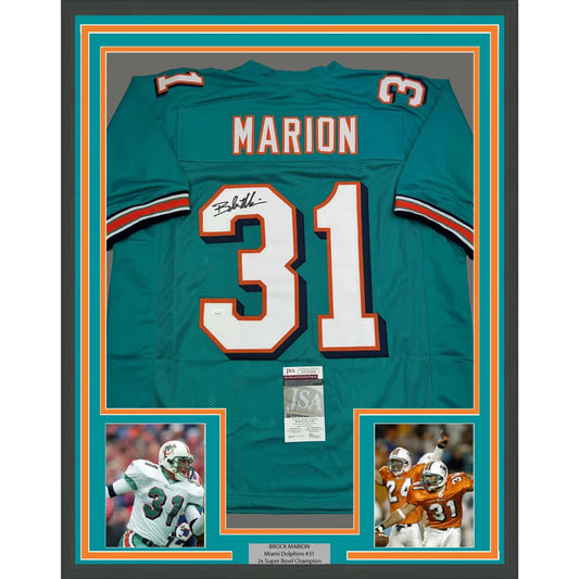 Miami teal framed Brock Marion jersey with autographs, player photos, JSA cert for your man cave