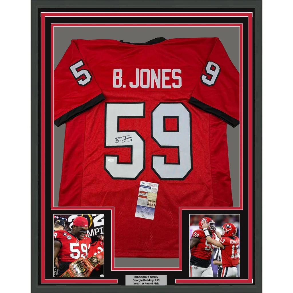 Framed Autographed Broderick Jones 35x39 Georgia Red College Football Jersey JSA COA | Hall of Fame Sports Memorabilia | vintageantiquesgifts.com