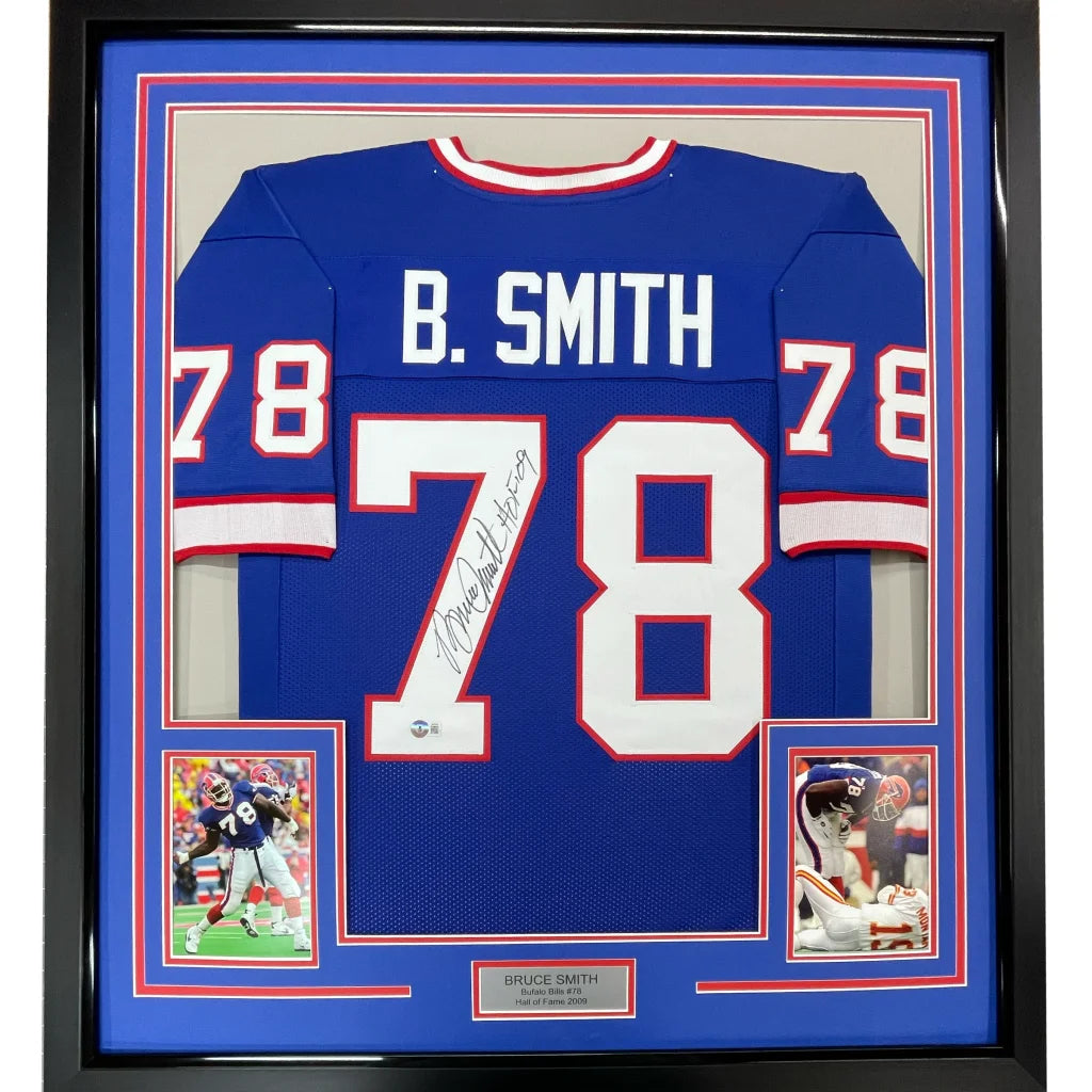 Framed Autographed Bruce Smith 35x39 HOF 09 Buffalo Blue Football Jersey Beckett BAS COA | Hall of Fame Sports Memorabilia | vintageantiquesgifts.com