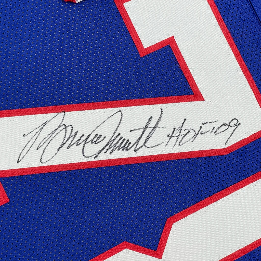 Framed Autographed Bruce Smith 35x39 HOF 09 Buffalo Blue Football Jersey Beckett BAS COA | Certified Authentic Signed Memorabilia | vintageantiquesgifts.com