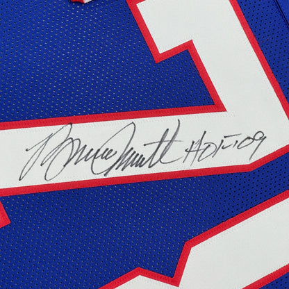 Framed Autographed Bruce Smith 35x39 HOF 09 Buffalo Blue Football Jersey Beckett BAS COA | Certified Authentic Signed Memorabilia | vintageantiquesgifts.com