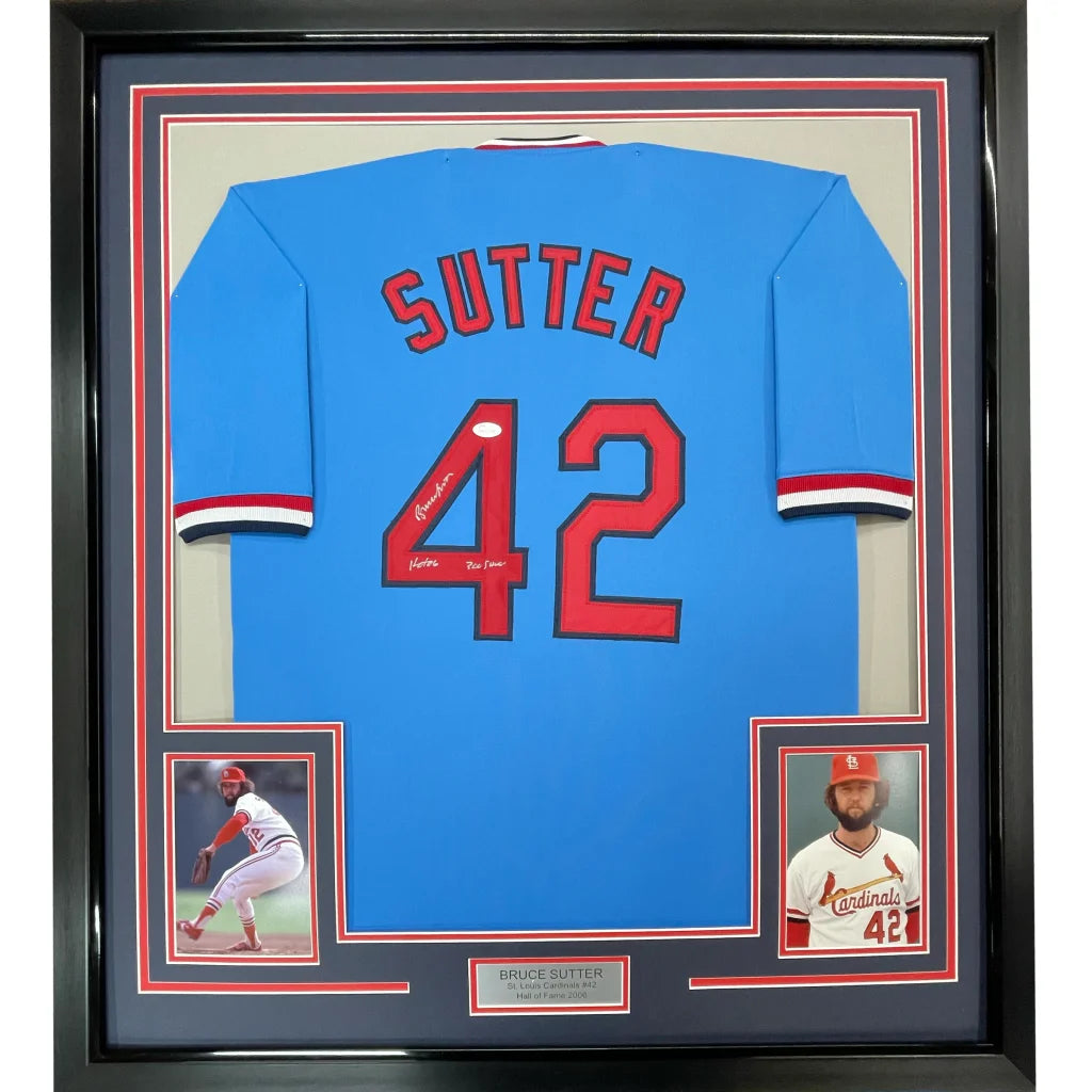Framed Autographed Bruce Sutter HOF 06 35x39 St. Louis Blue Baseball Jersey JSA COA | Hall of Fame Sports Memorabilia | vintageantiquesgifts.com