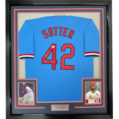 Framed Autographed Bruce Sutter HOF 06 35x39 St. Louis Blue Baseball Jersey JSA COA | Hall of Fame Sports Memorabilia | vintageantiquesgifts.com