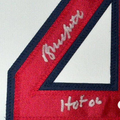 Framed autographed Bruce Sutter HOF 06 St. Louis Cardinals jersey with red and navy blue embroidered number four patch and white cursive lettering