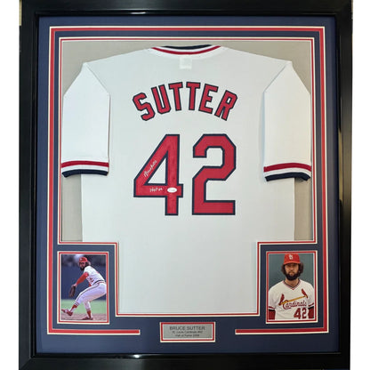 Framed autographed Bruce Sutter HOF 06 St. Louis white baseball jersey with number 42