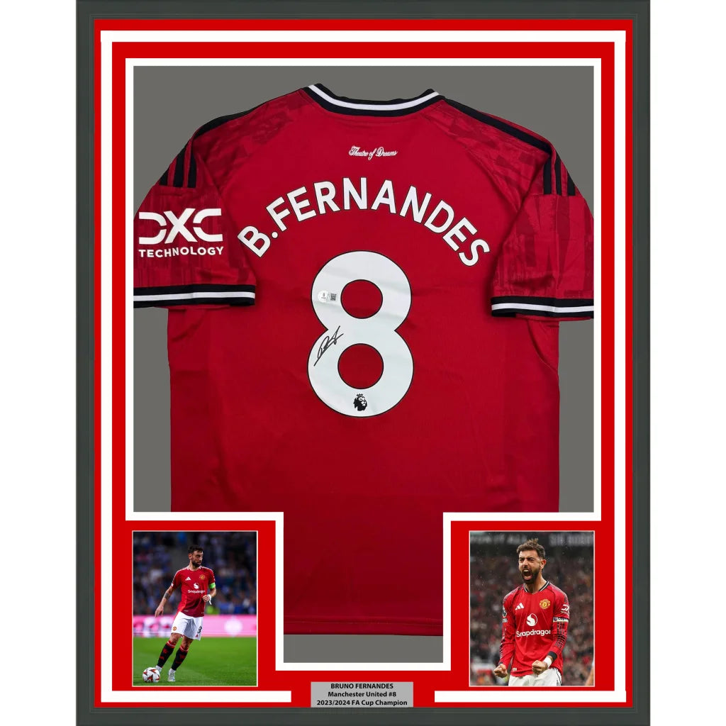 Framed Autographed Bruno Fernandes 35x39 Manchester United Red Soccer Jersey Beckett BAS COA | Hall of Fame Sports Memorabilia | vintageantiquesgifts.com