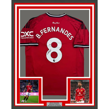 Framed Autographed Bruno Fernandes 35x39 Manchester United Red Soccer Jersey Beckett BAS COA | Hall of Fame Sports Memorabilia | vintageantiquesgifts.com