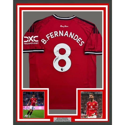 Framed Autographed Bruno Fernandes 35x39 Manchester United Red Soccer Jersey Beckett BAS COA | Hall of Fame Sports Memorabilia | vintageantiquesgifts.com