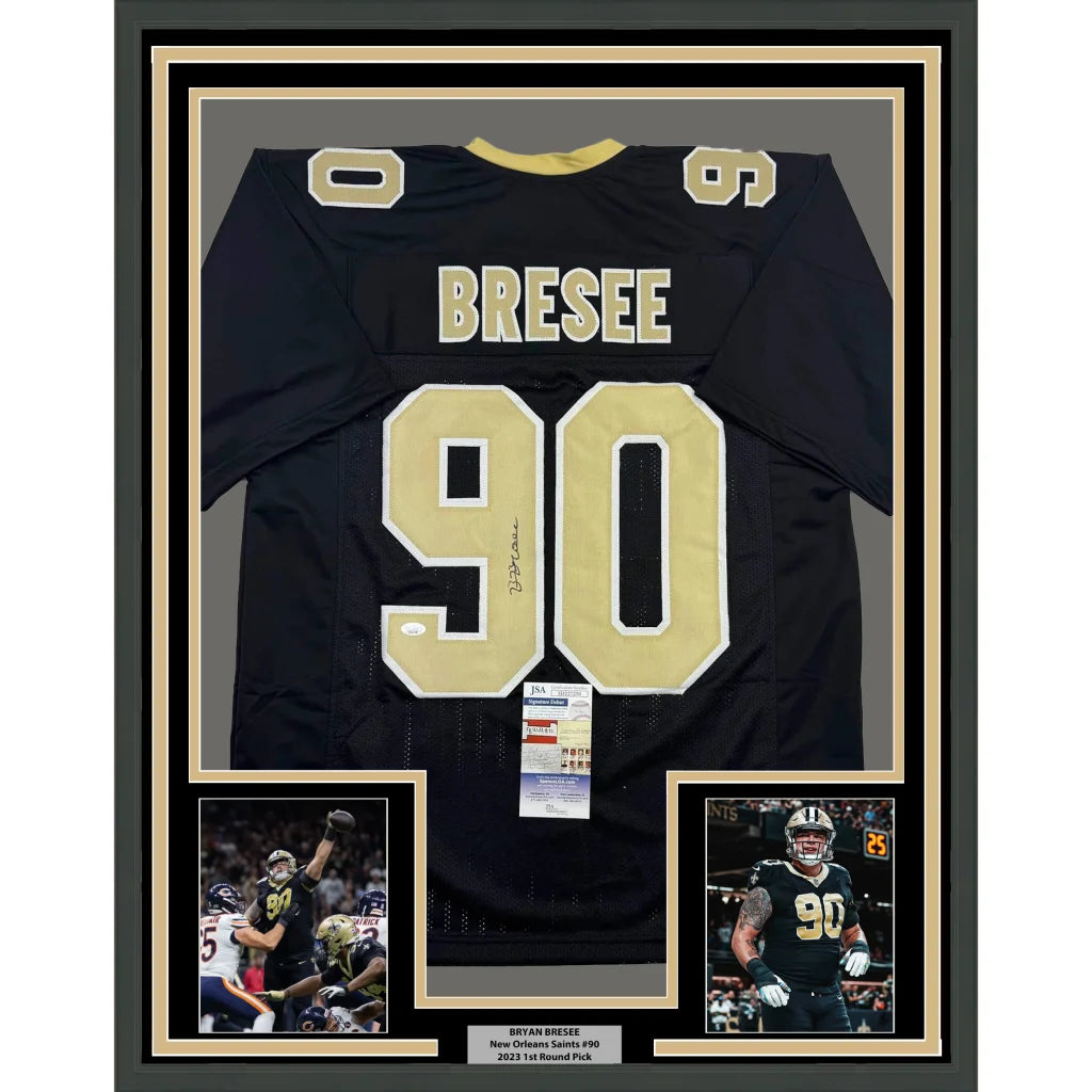 Framed Autographed Bryan Bresee 35x39 New Orleans Black Football Jersey JSA COA | Hall of Fame Sports Memorabilia | vintageantiquesgifts.com