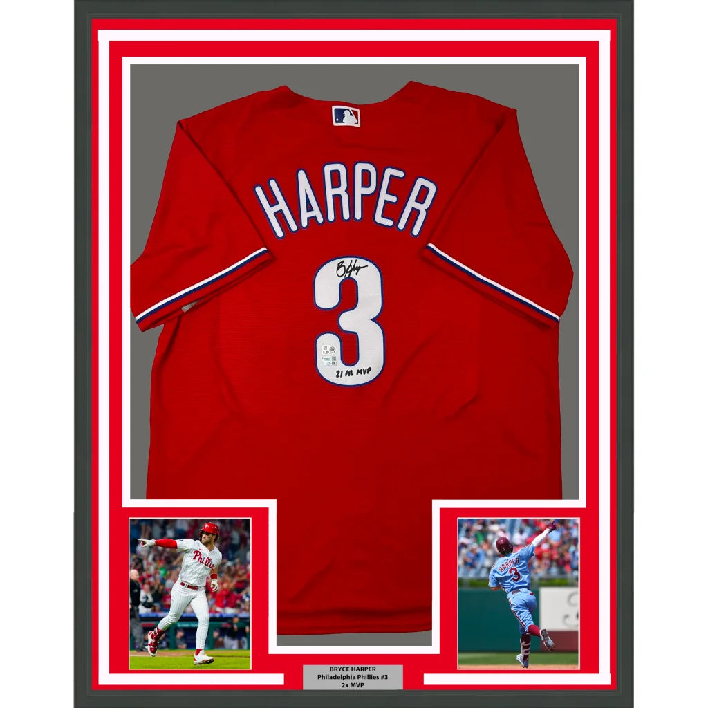 Framed Autographed Bryce Harper 35x39 21 NL MVP Philadelphia Phillies Red Replica Baseball Jersey Fanatics & MLB COA | Hall of Fame Sports Memorabilia | vintageantiquesgifts.com