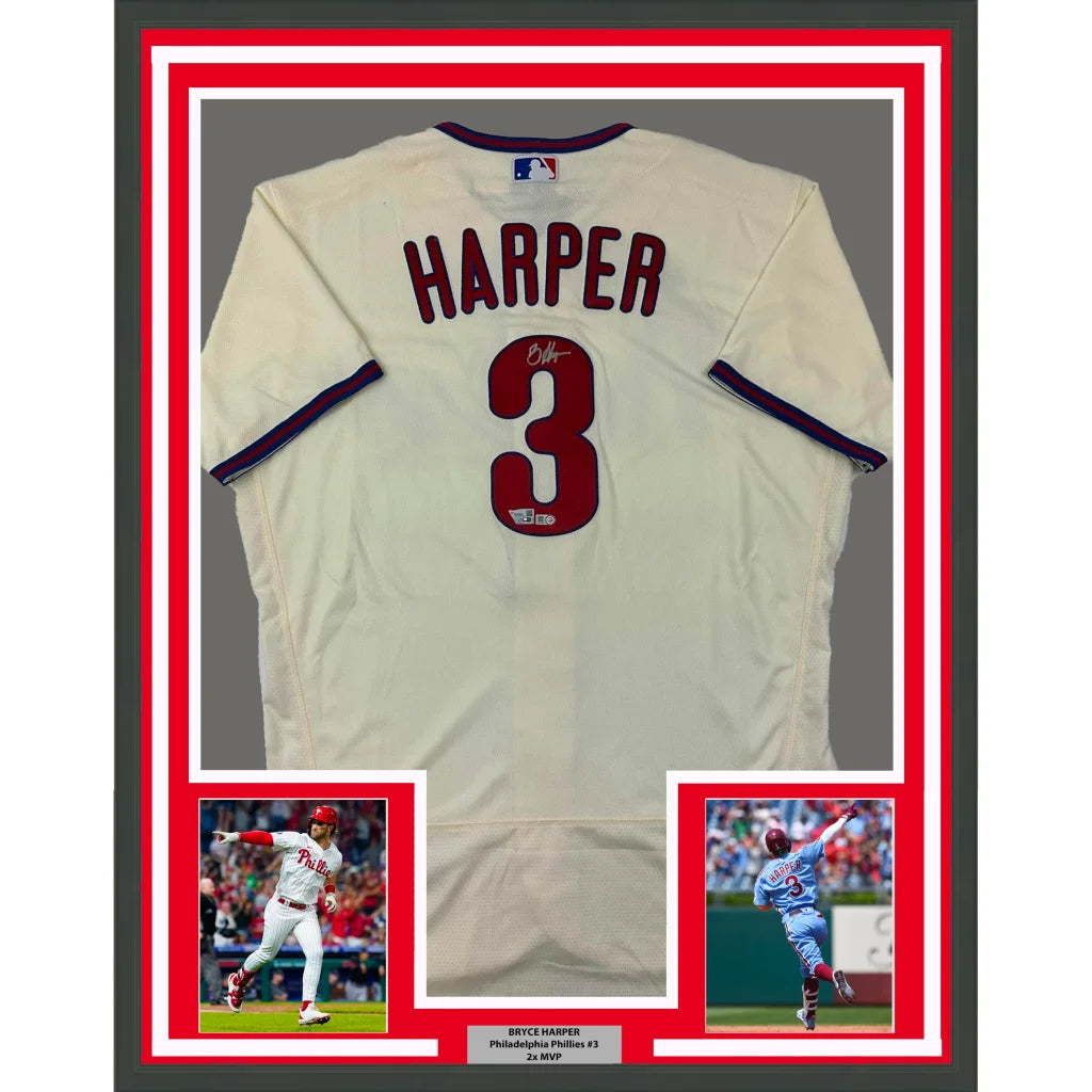 Framed Autographed Bryce Harper 35x39 Philadelphia Phillies Cream Authentic Baseball Jersey Fanatics & MLB COA | Hall of Fame Sports Memorabilia | vintageantiquesgifts.com