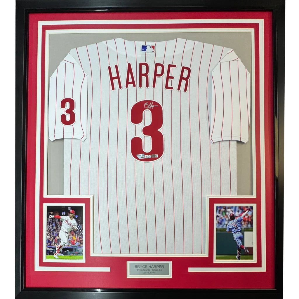 Framed autographed Bryce Harper Philadelphia Phillies pinstripe jersey