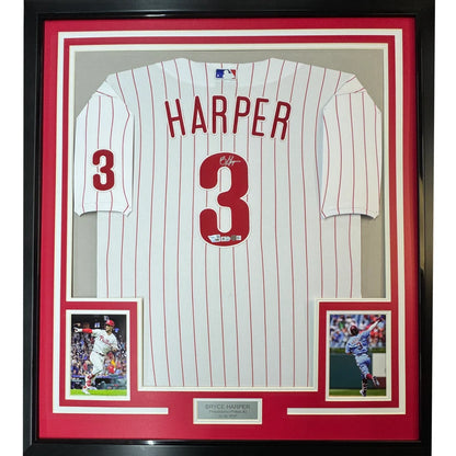 Framed autographed Bryce Harper Philadelphia Phillies pinstripe jersey