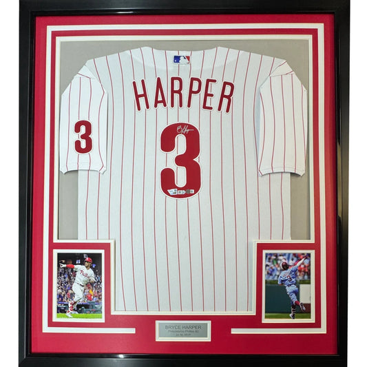Framed autographed Bryce Harper Philadelphia Phillies pinstripe jersey