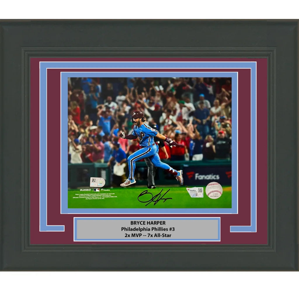 Framed Autographed Bryce Harper Philadelphia Phillies 8x10 Baseball Photo Fanatics & MLB COA #2 | Hall of Fame Sports Memorabilia | vintageantiquesgifts.com