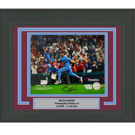 Framed Autographed Bryce Harper Philadelphia Phillies 8x10 Baseball Photo Fanatics & MLB COA #2 | Hall of Fame Sports Memorabilia | vintageantiquesgifts.com