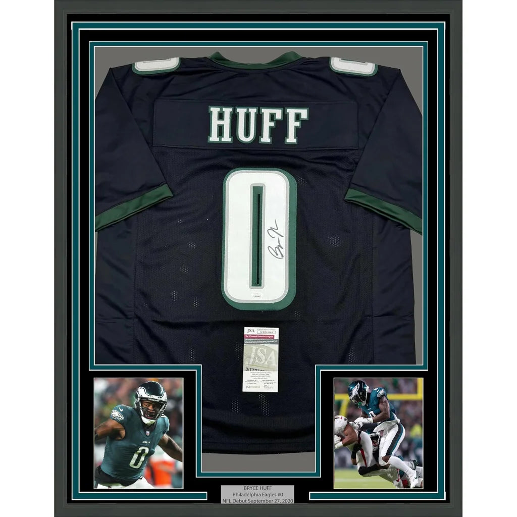 Bryce Huff Eagles jersey with action photos in a professionally framed display