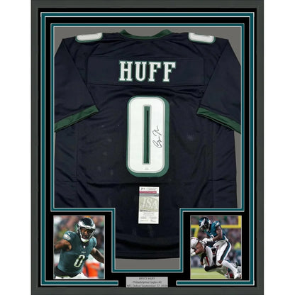 Bryce Huff Eagles jersey with action photos in a professionally framed display