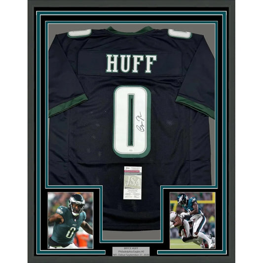 Bryce Huff Eagles jersey with action photos in a professionally framed display