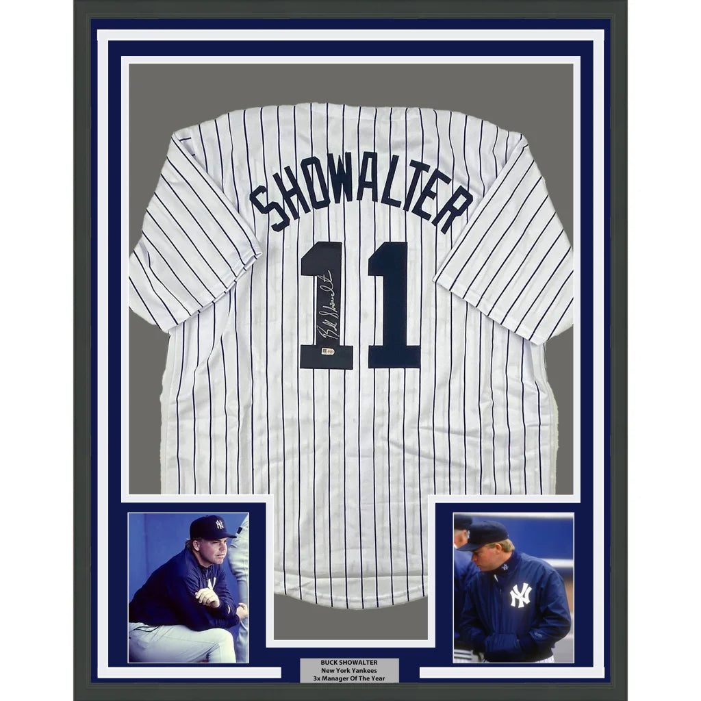 Framed Autographed Buck Showalter 35x39 New York Pinstripe Baseball Jersey MLB COA | Hall of Fame Sports Memorabilia | vintageantiquesgifts.com