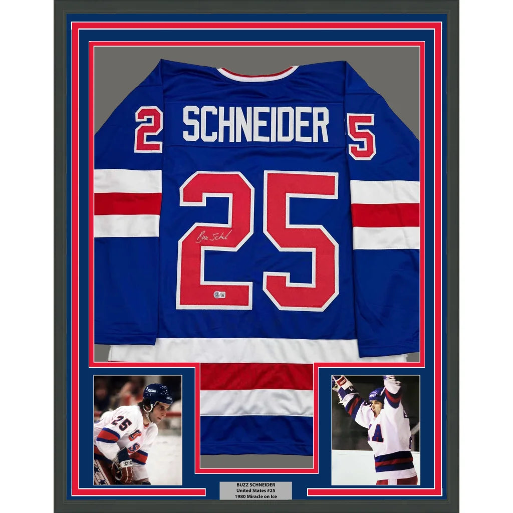Framed autographed blue professional sports league hockey jersey with red and white accents