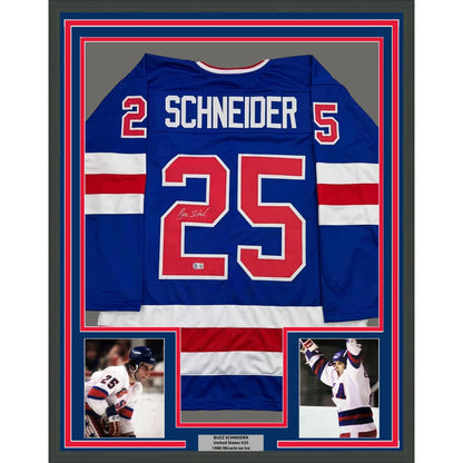 Framed autographed blue professional sports league hockey jersey with red and white accents