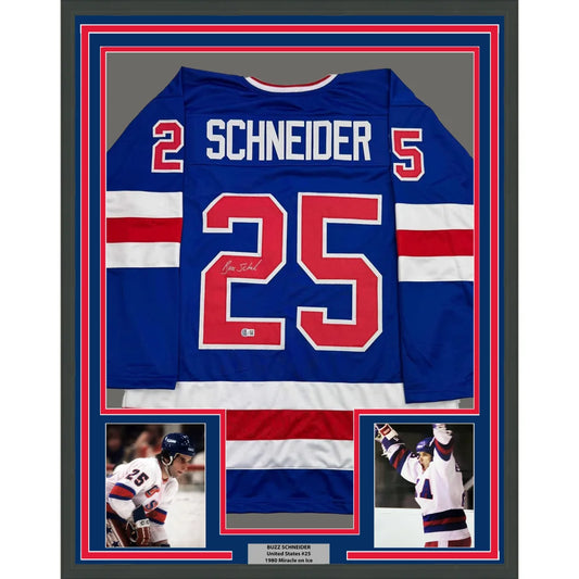 Framed autographed blue professional sports league hockey jersey with red and white accents